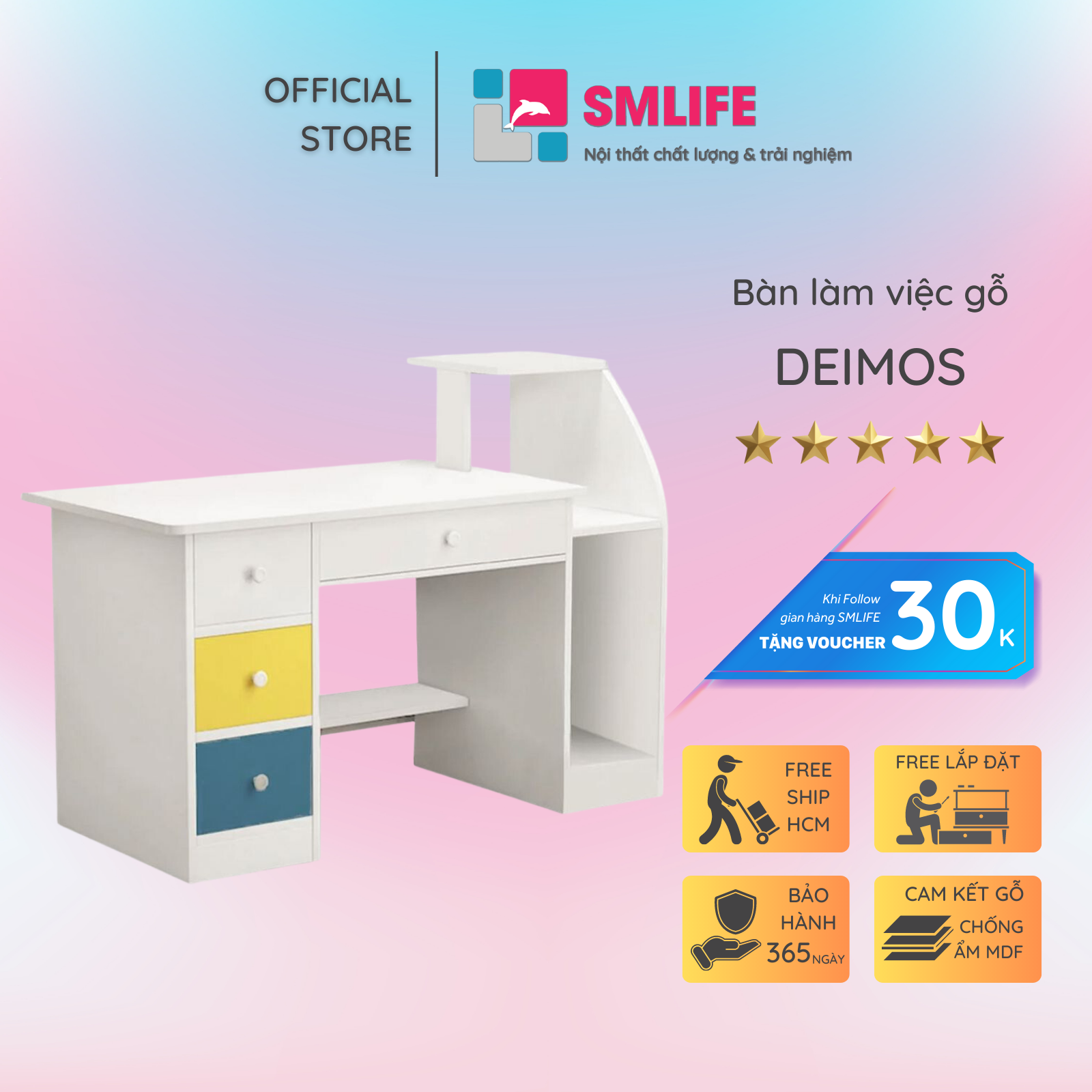 Bàn làm việc, bàn học gỗ hiện đại SMLIFE Deimos | Gỗ MDF dày 17mm chống ẩm | D120xR50xC100cm