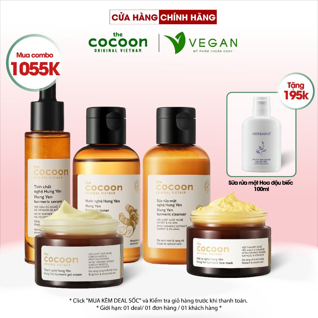 Bộ 5 chăm sóc da mụn chuyên sâu: Gel bÍ đao rửa mặt 140ml + Mặt nạ bí đao 30ml + Toner bí đao 140ml + Serum bí đao 70ml + Chấm mụn bí đao Cocoon 5ml