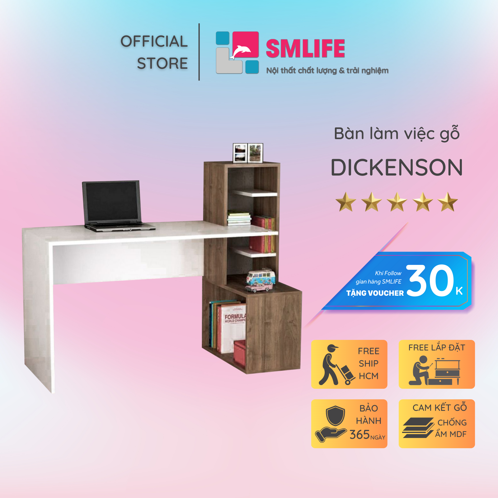 Bàn làm việc, bàn học gỗ hiện đại SMLIFE Dickenson | Gỗ MDF dày 17mm chống ẩm | D103.5xR60xC107cm