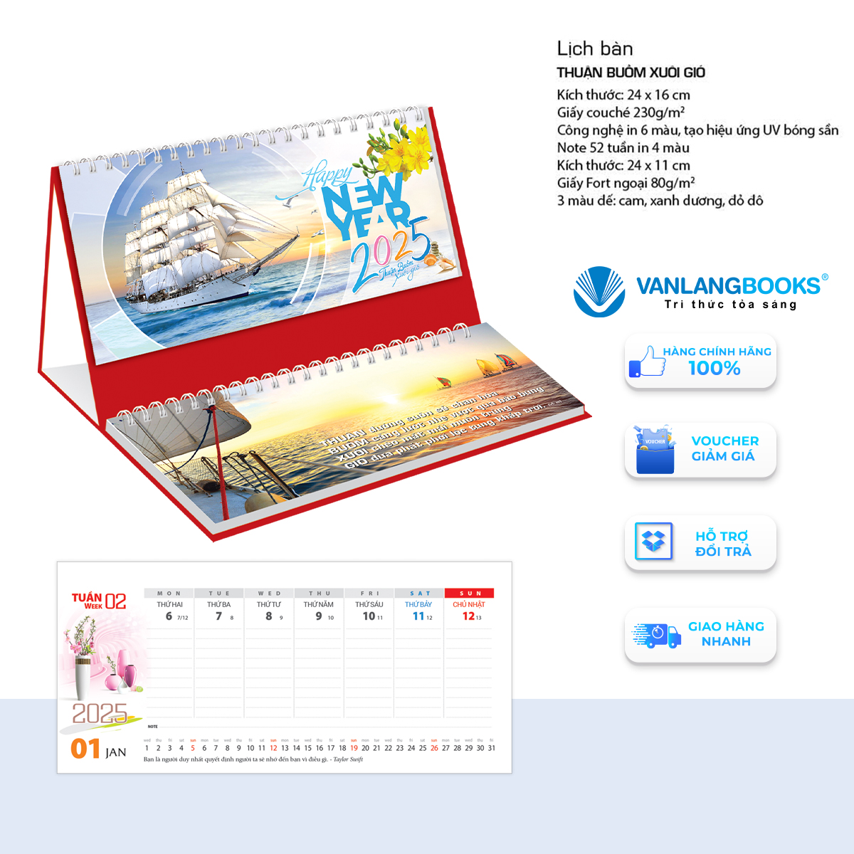 Lịch 2025 Lịch Bàn Có Note - Thuận Buồm Xuôi Gió - VLLB14 - Lịch Văn Lang - Đỏ
