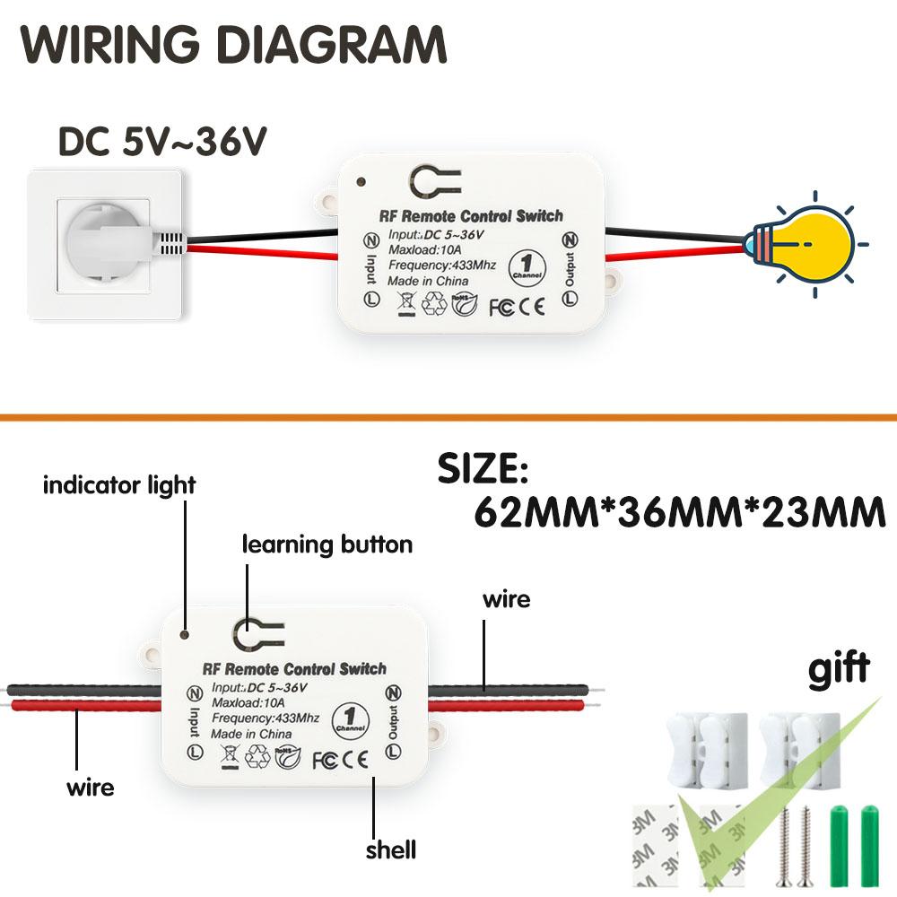 Công Tắc Điều Khiển Từ Xa Không Dây RF 433Mhz DC 6V 12V 24V 30V 36V 1Ch Tiếp Thu Và 2 nút Phát Có Nắp Đậy Cho Đèn Led