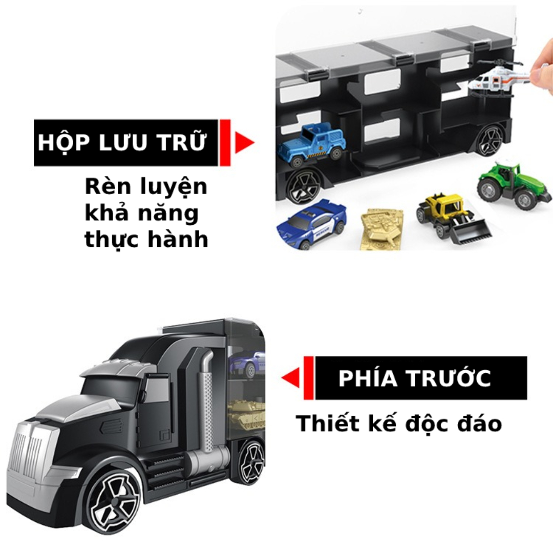 Hộp đồ chơi xe container vận chuyển xe ô tô và trực thăng (6 chiếc) giúp bé phát triển tư duy