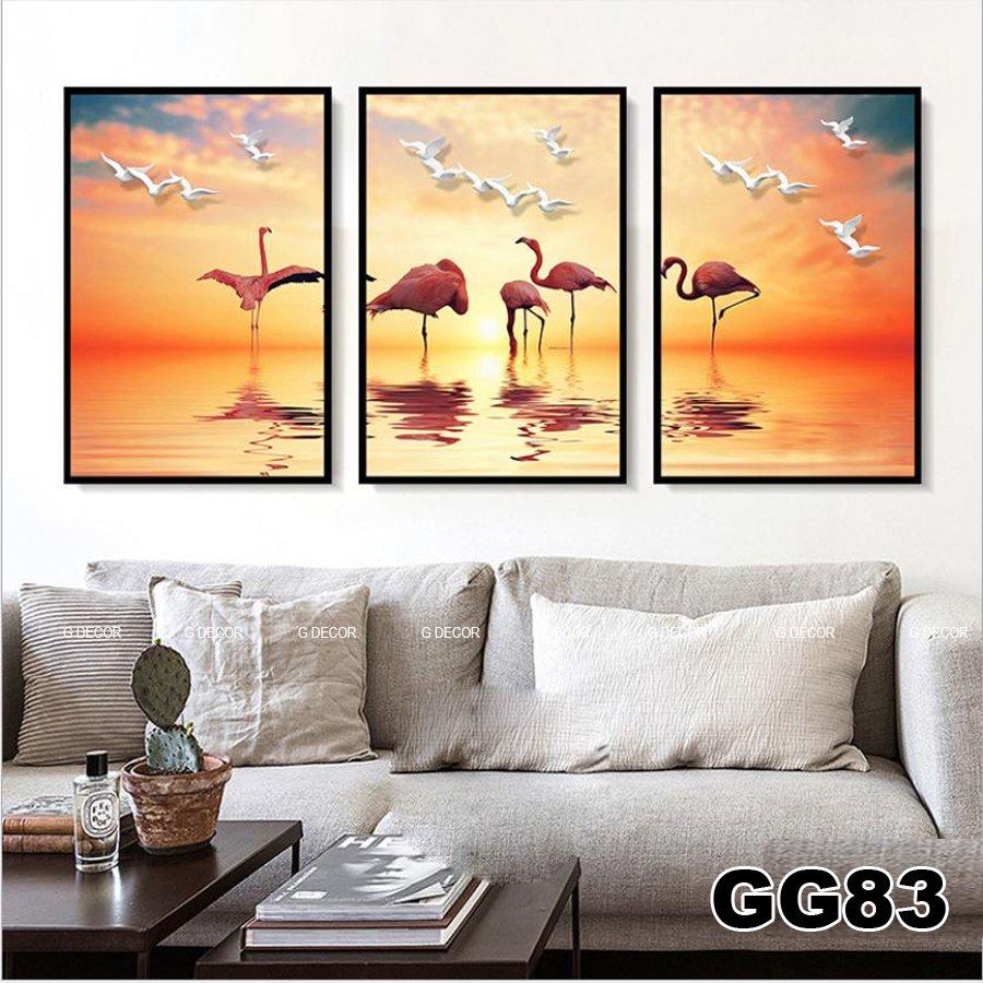 Tranh treo tường canvas 3 bức phong cách hiện đại Bắc Âu 158, tranh chim trang trí phòng khách, phòng ngủ, phòng ăn spa