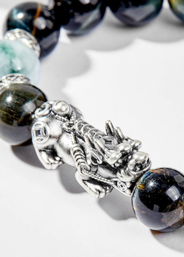 Vòng Tay Phong Thủy Nam Đá Mắt Hổ Xanh Đen Mix Đá Cẩm Thạch Phỉ Thúy Phối Charm Tỳ Hưu Bạc  Mệnh Thủy, Mộc Ngọc Quý Gemstones