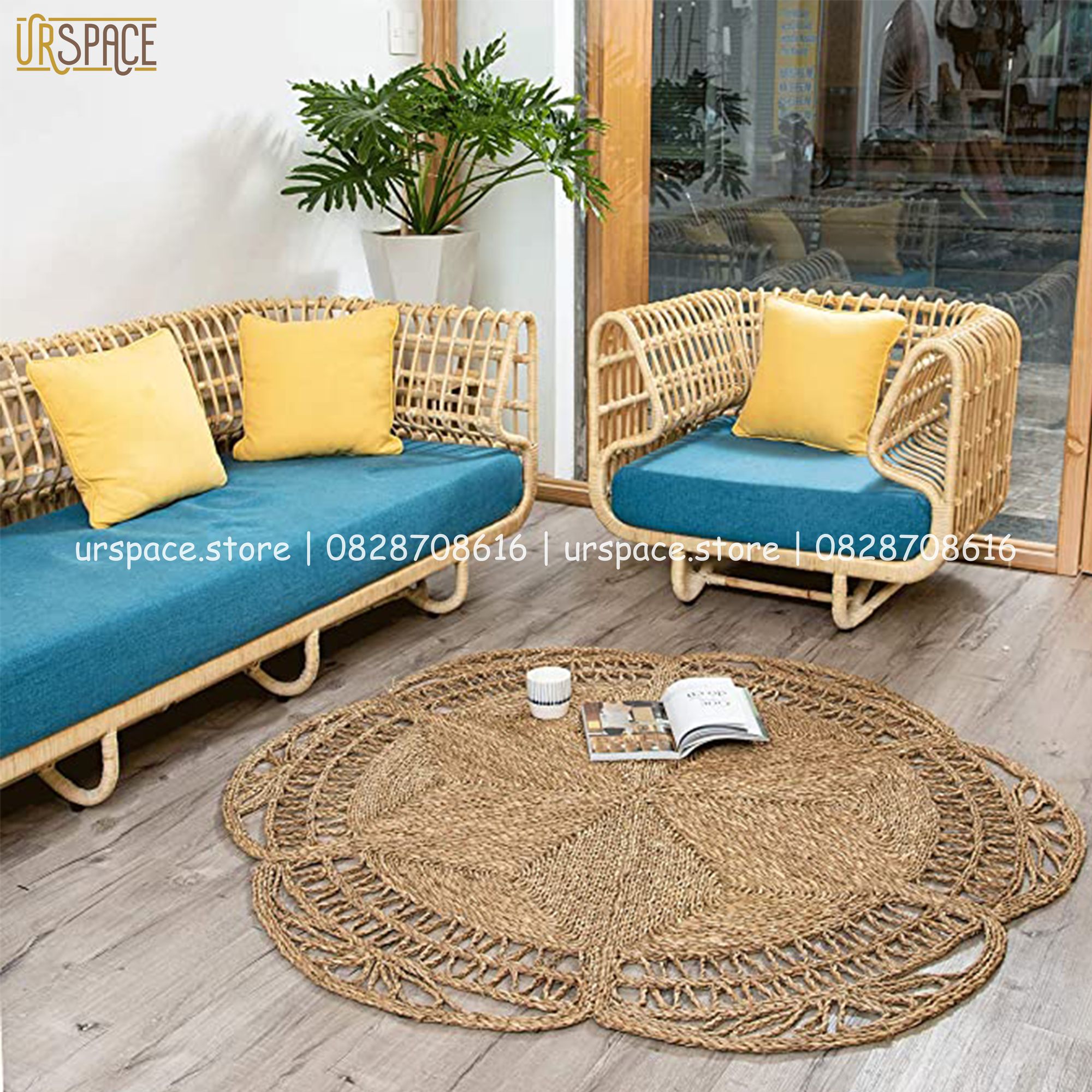 Thảm cói tròn trải sàn trang trí chụp ảnh đường kính 120 cm/ Hand-woven seagrass round rugs for living room