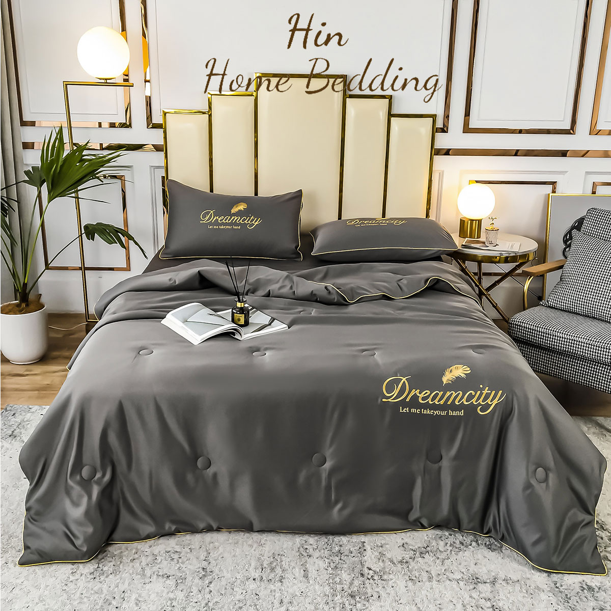 Bộ Chăn Ga Gối Đệm 5 Món Lụa Dream City Bộ Ga Drap Trải Giường Chăn Chần Bông Đẹp Hin Home Bedding Mẫu Xám