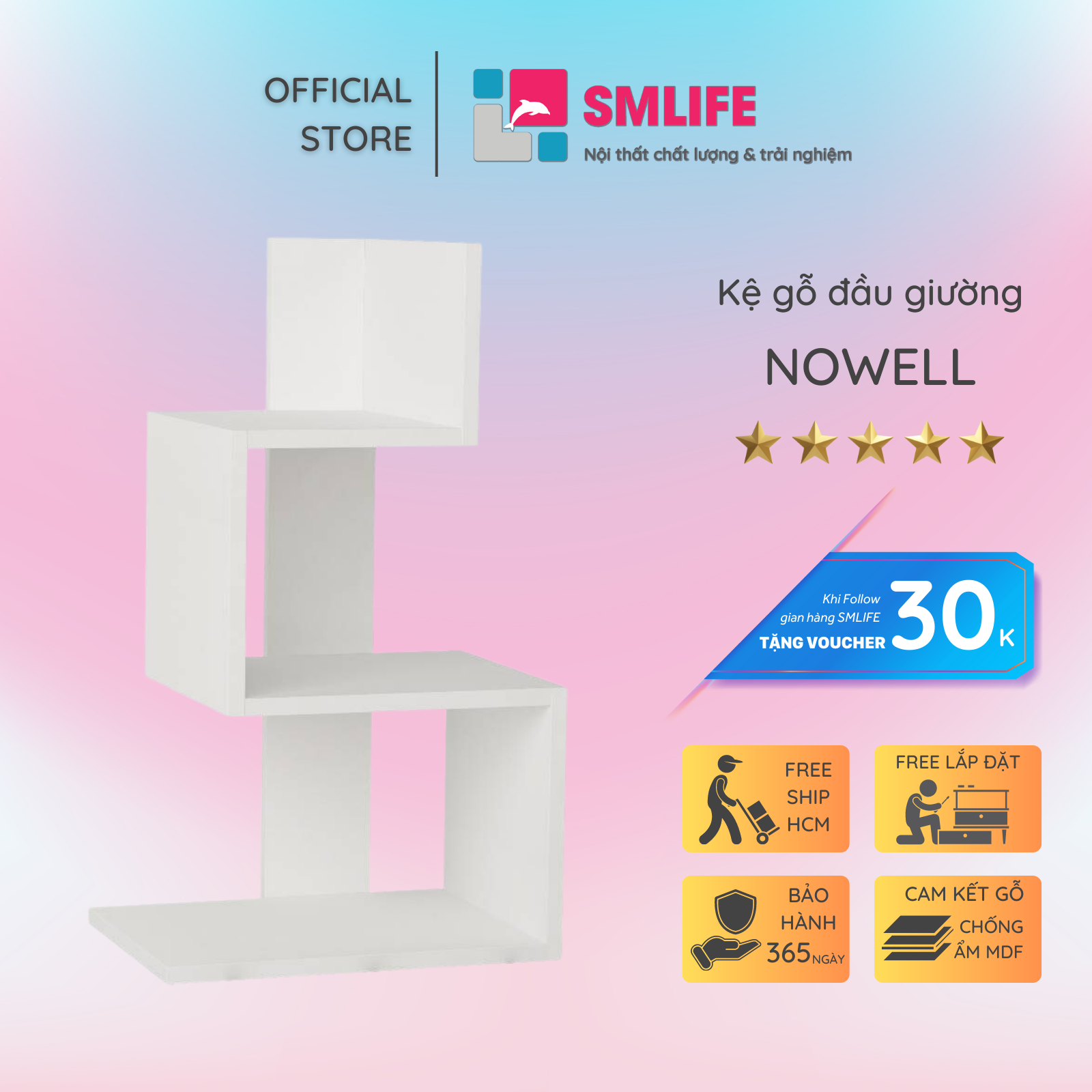 Tủ gỗ đầu giường hiện đại SMLIFE Nowell | Gỗ MDF dày 17mm chống ẩm | D40xR28xC70cm