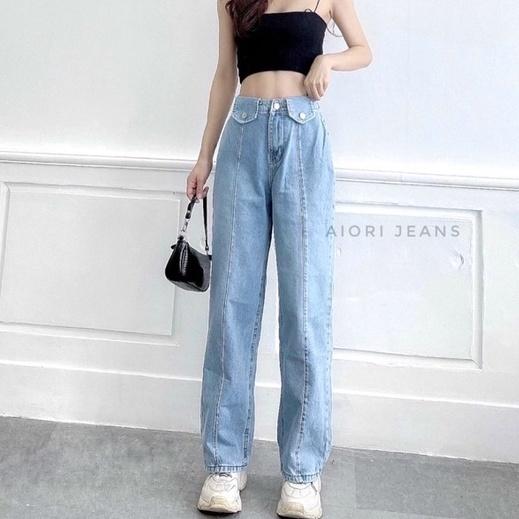 Quần Jean Nữ Aiori Ống Rộng Lưng Cao Trơn Bò Suông Cạp Cao Jeans Cotton Thoáng Mát, Mềm Mịn, Thời Trang Hàn Quốc_Mã 3357