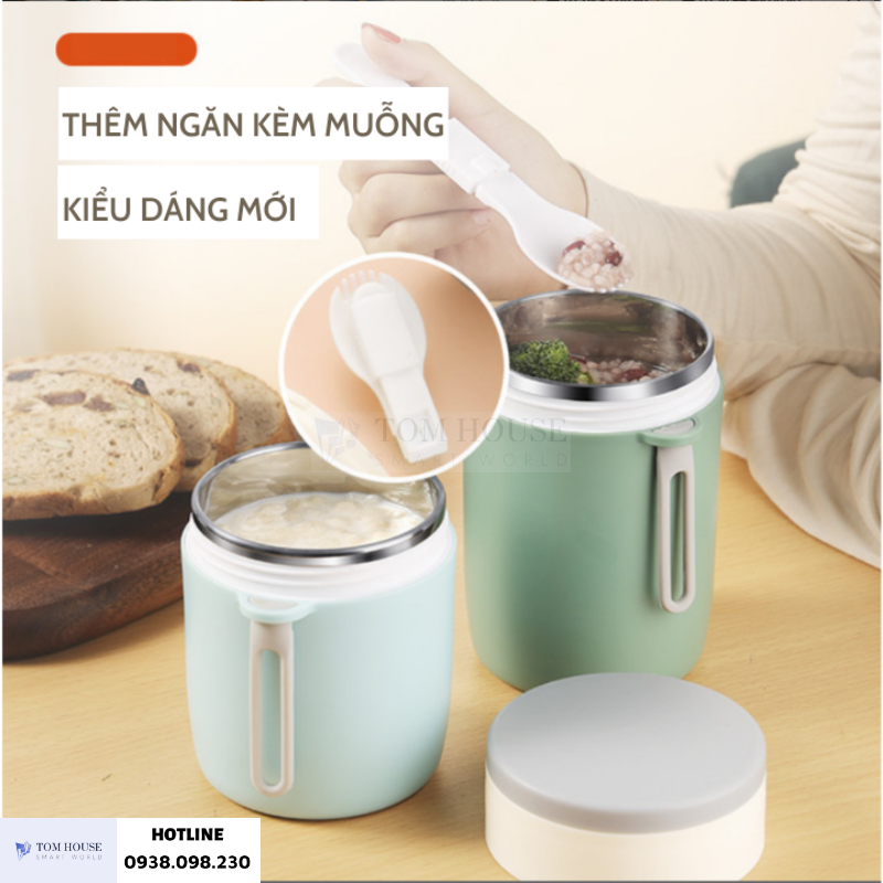 Cốc Đựng Cháo 580ML Kèm Muỗng Và Túi Giữ Nhiệt, Ruột Inox 304 Hộp Đựng Cháo Canh Soup Bền Đẹp Có Tay Xách