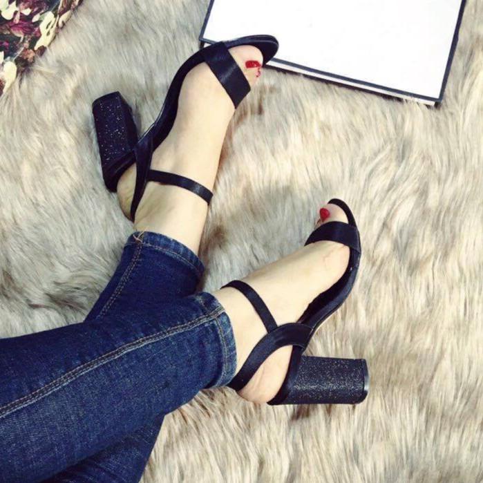 Giày cao gót vuông 7p gót bọc kim tuyến __LZ165