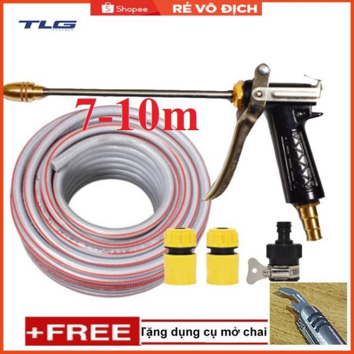 Bộ dây vòi xịt nước rửa xe, tưới cây . tăng áp 3 lần, loại 7m, 10m 206318 đầu đồng,cút,nối nhựa đen+ tặng mở chai