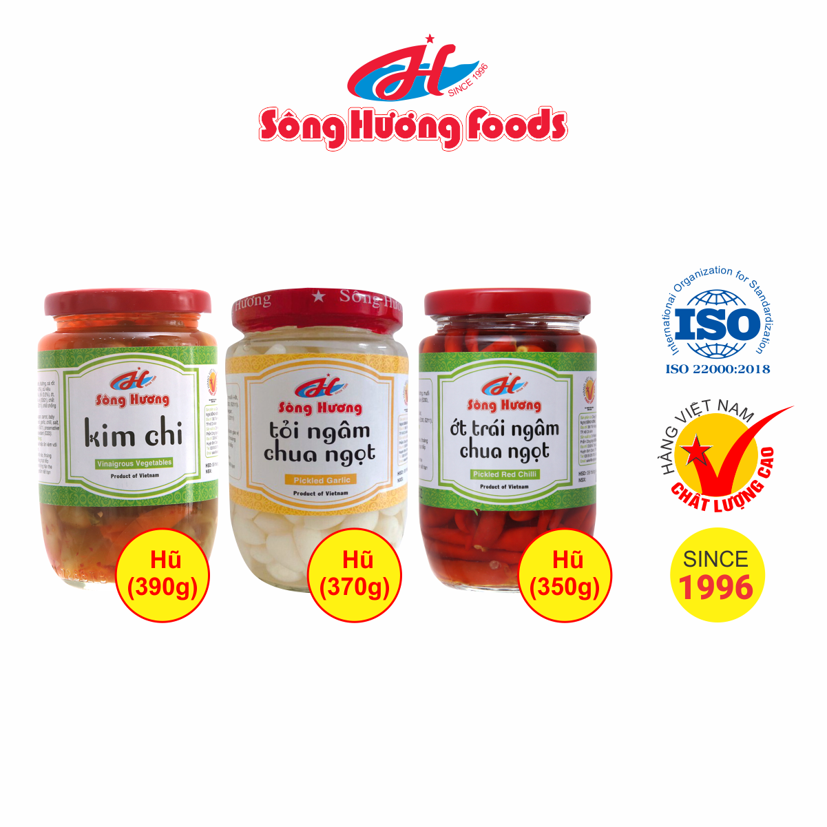 Combo 1 Hũ Tỏi Ngâm Chua Ngọt 370g + 1 Hũ Ớt Tươi Xay 200g + 1 Hũ Kim Chi 390g Sông Hương Foods