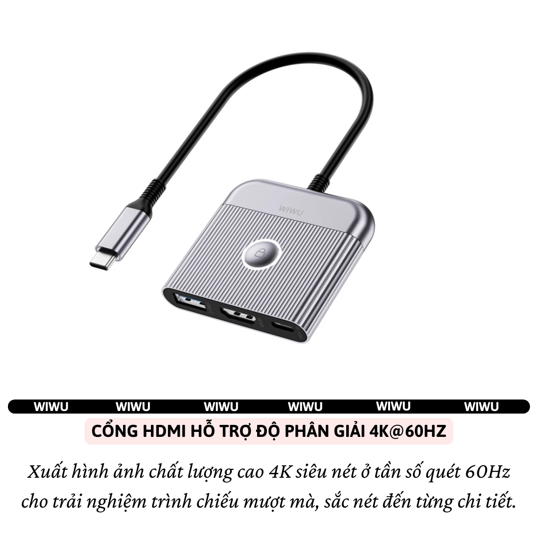 Hub chuyển đổi chia cổng Type-C chia cổng 3in1 HDMI 4K@60Hz + PD 100W Type-C + USB 3.0 hiệu WIWU Travel Docking cho Macbook Laptop cho iPhone - Hợp kim nhôm nguyên khối, KẾT NỐI CHUYÊN NGHIỆP CHO DÂN VĂN PHÒNG &amp; NGƯỜI HAY DI CHUYỂN - Hàng nhập khẩu