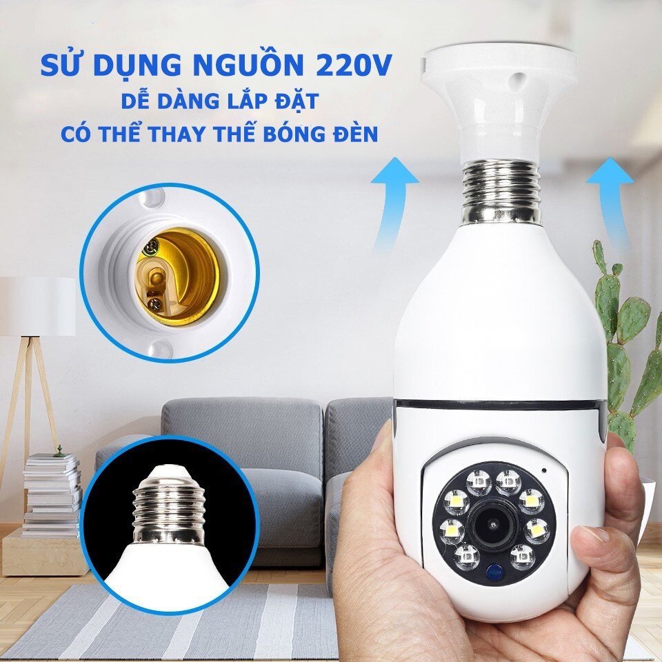 Camera An ninh WiFi Xoay 360° Gắn Đui Bóng Đèn,Tích hợp đèn Led, Đàm Thoại Hai Chiều, Báo Động Chống Trộm, 