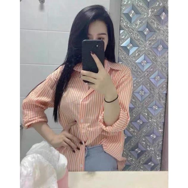 Áo Sơmi form rộng sọc cam trendy chất thô mát thấm hút mồ hôi tốt