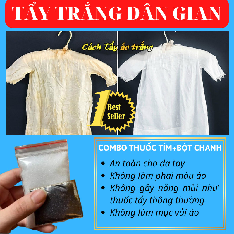 Combo tẩy trắng, thâm kim quần áo theo dân gian (Bột chanh + t. tím)