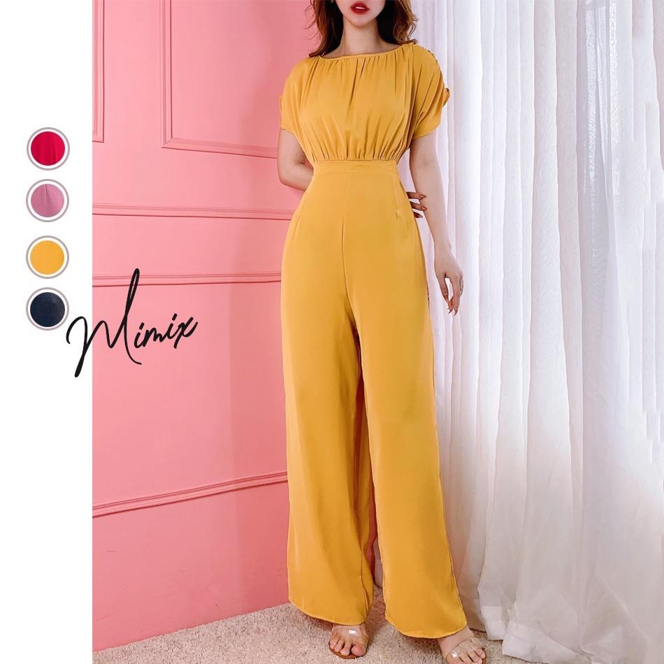 Jumpsuit áo liền quần trơn tay nhún buộc eo MIMIX sang trọng BJ0160