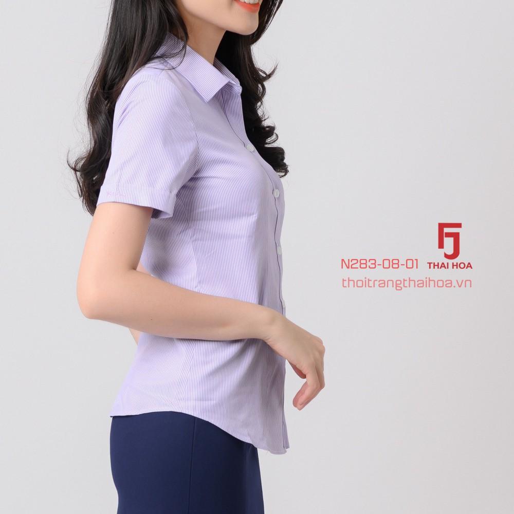 Áo sơ mi sọc thẳng ngắn tay Thái Hòa N823, sơ mi công sở nữ from đẹp kiểu dáng Basic