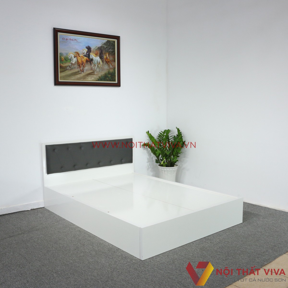 Giường Ngủ MDF Melamine Màu Trắng Có Đầu Nệm Đen Đẹp Giá Rẻ