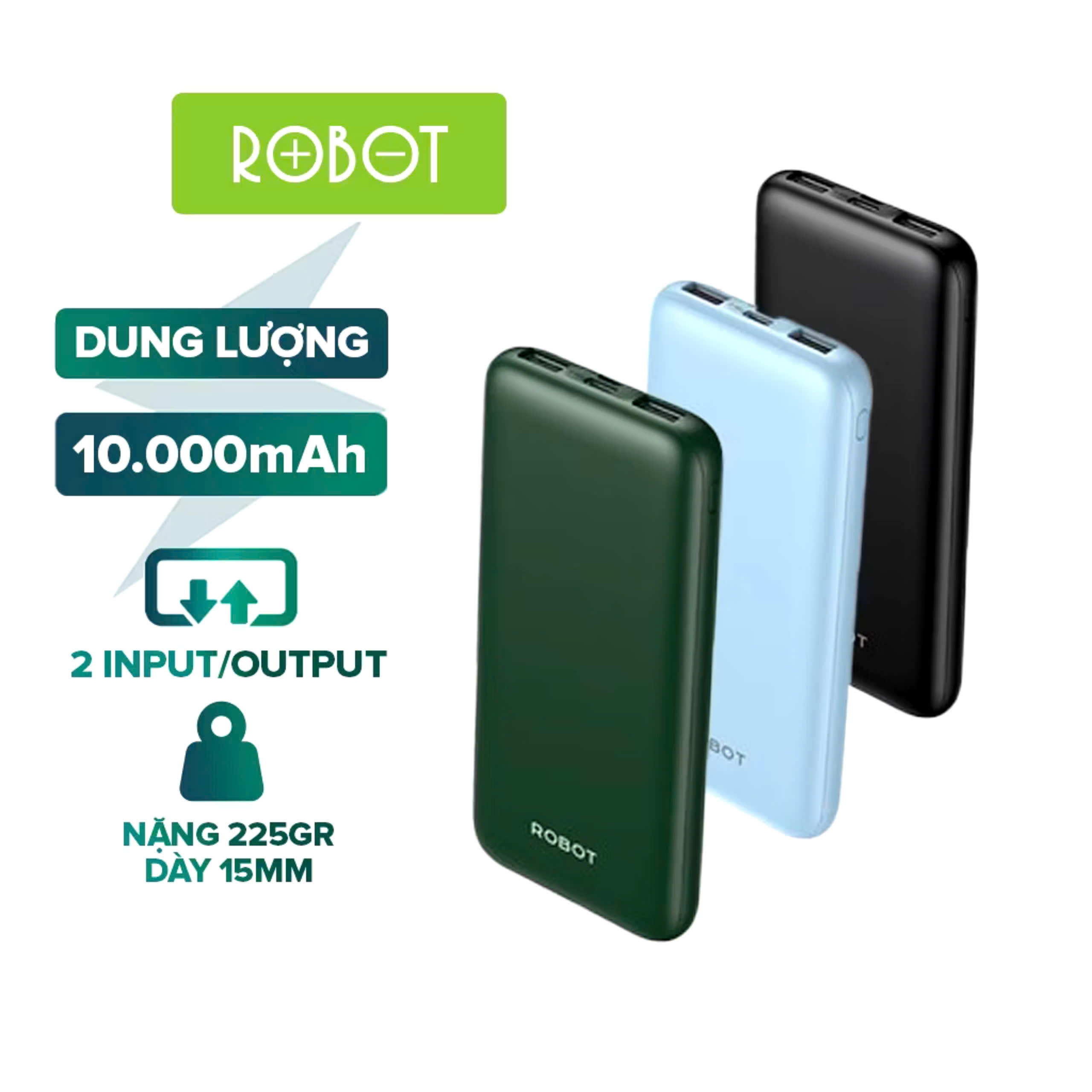 Pin Sạc Dự Phòng 10000mAh ROBOT RT180 RT12 Có 2 Cổng Sạc Ra USB &amp; 2 Cổng Sạc Vào Micro/Type-C, hàng nhập khẩu