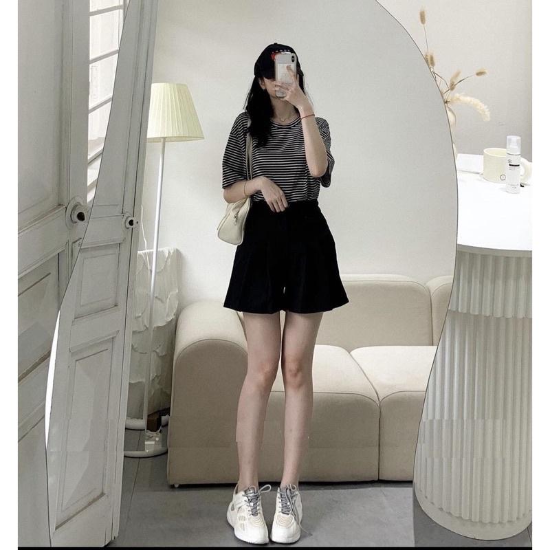 Set đồ nữ Áo thun mix quần short kaki giả váy kẻ ngang bánh bèo Ulzzang dành cho nữ PHULA