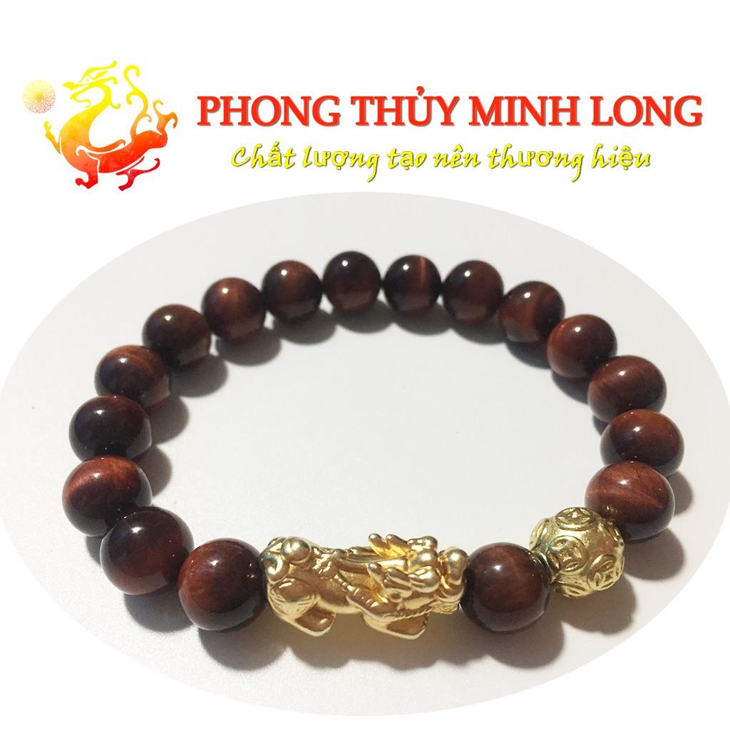 Vòng tay đá mắt hổ Đỏ Nâu 5A mix Tỳ Hưu và 1 hạt kim tiền hợp mệnh Hỏa và Thổ