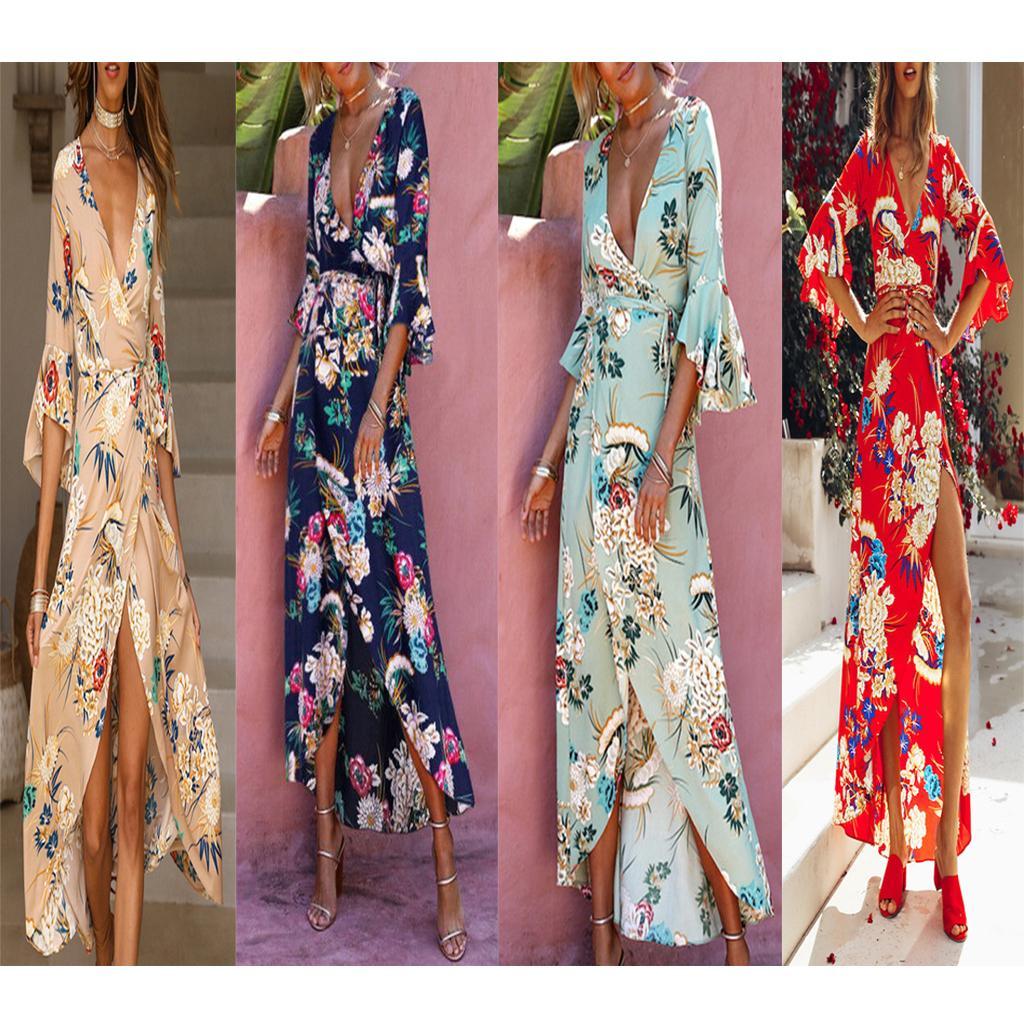 Women's V Neck Floral High Split Loose Dress Stretch Casual Long Maxi Dress