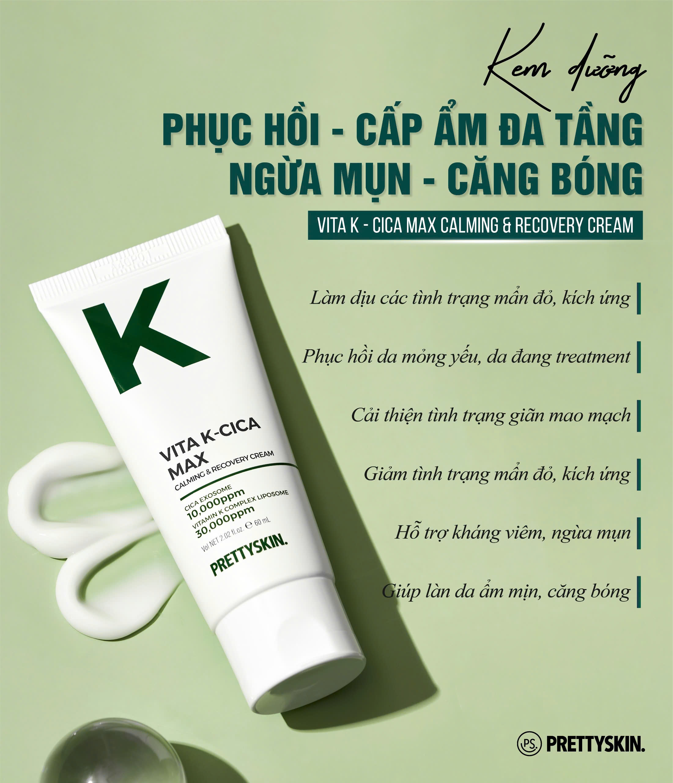 Kem dưỡng phục hồi - Cấp ẩm đa tầng - Phục hồi- Căng bóng Vita K Cica Prettyskin 60ml