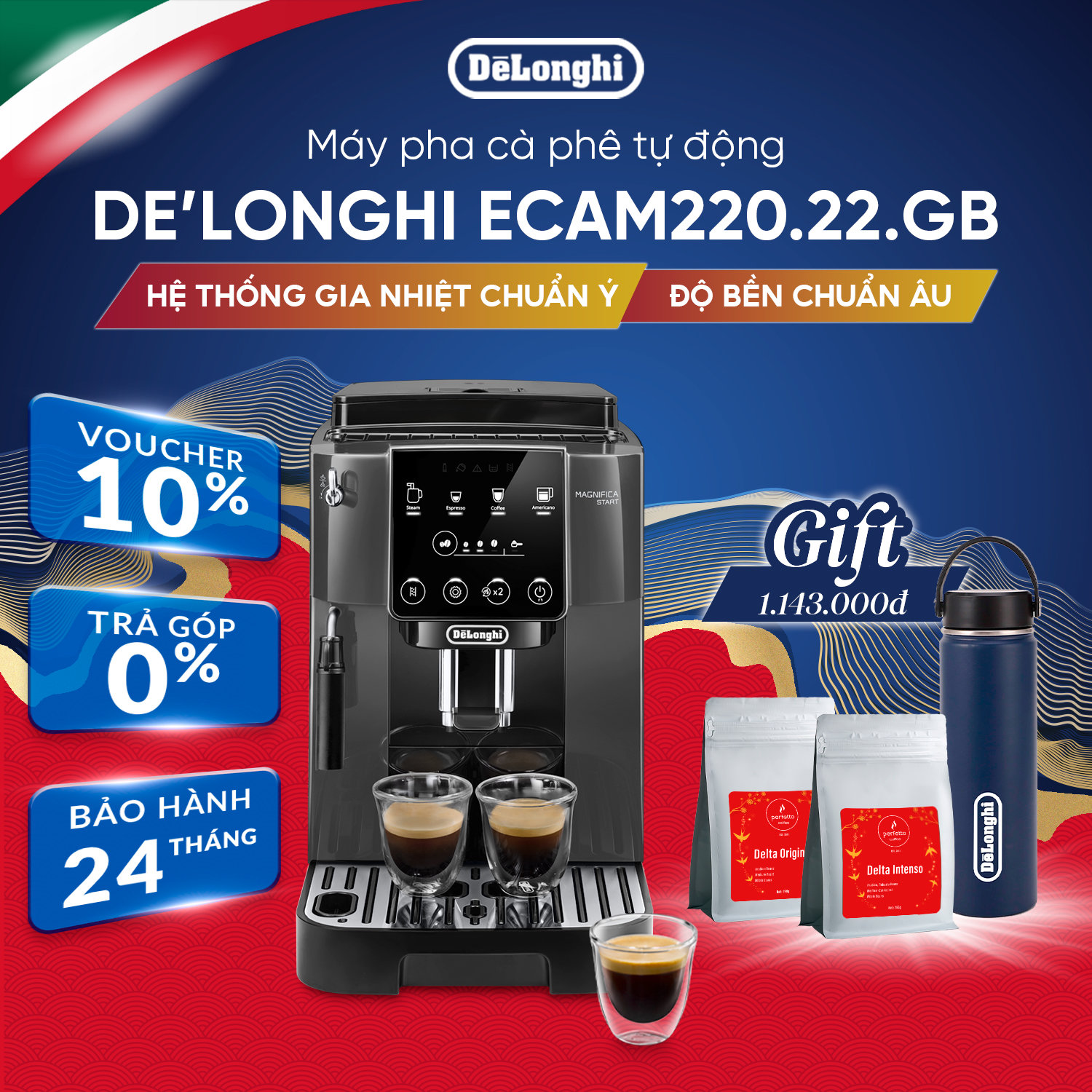 [Hàng chính hãng] Máy pha cà phê tự động DeLonghi Magnifica Start ECAM220.22.GB