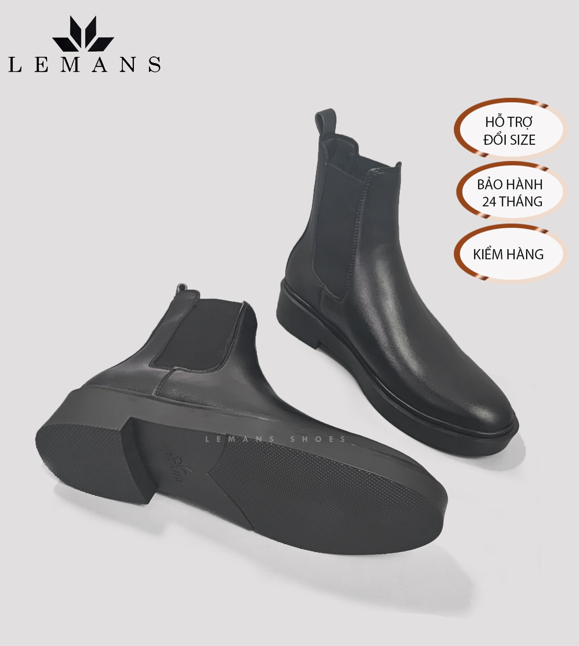 Giày da bò Chelsea Boots Black LEMANS CB66, đế lemans cao 4cm, boot nam chelsea boot nam, bảo hành 12-24 tháng