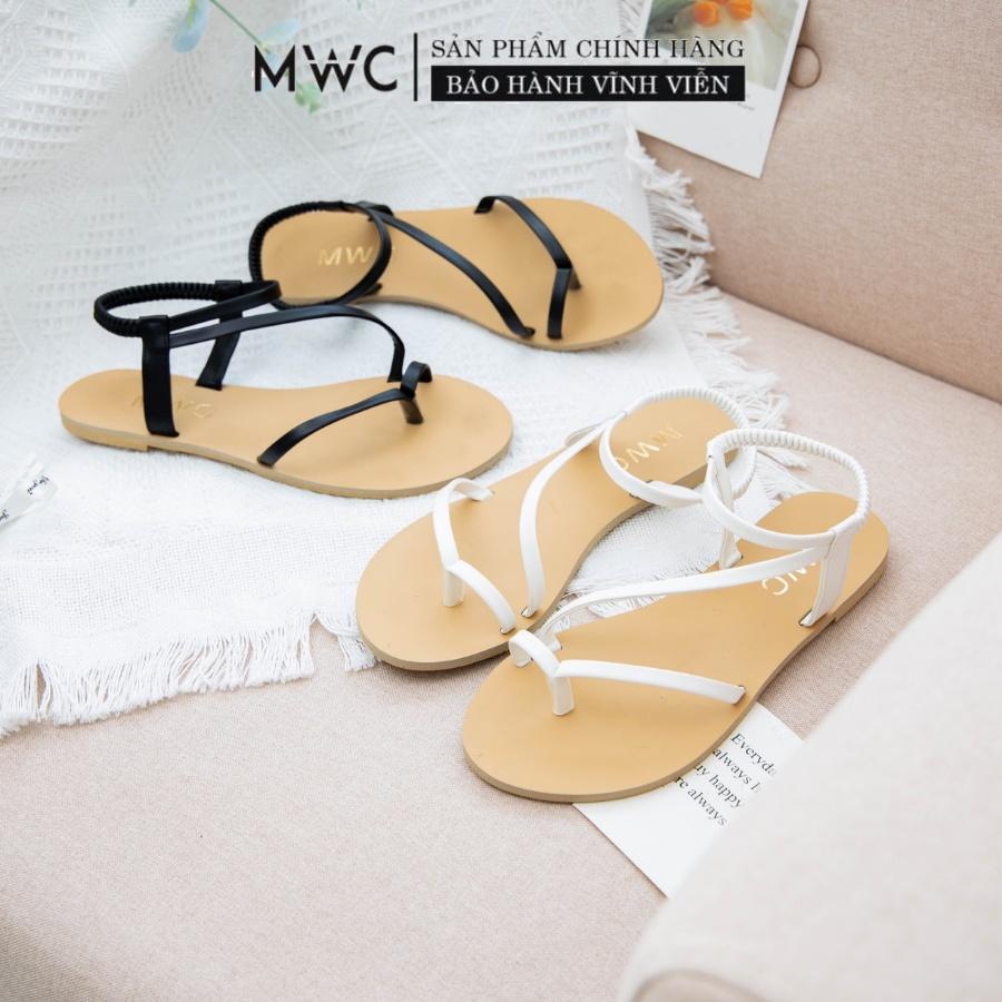 Giày Sandal Xỏ Ngón MWC Đế Bệt Chất Liệu Da Nữ Tính Xinh Xắn Sang Trọng 2 Màu Đen Kem 2895