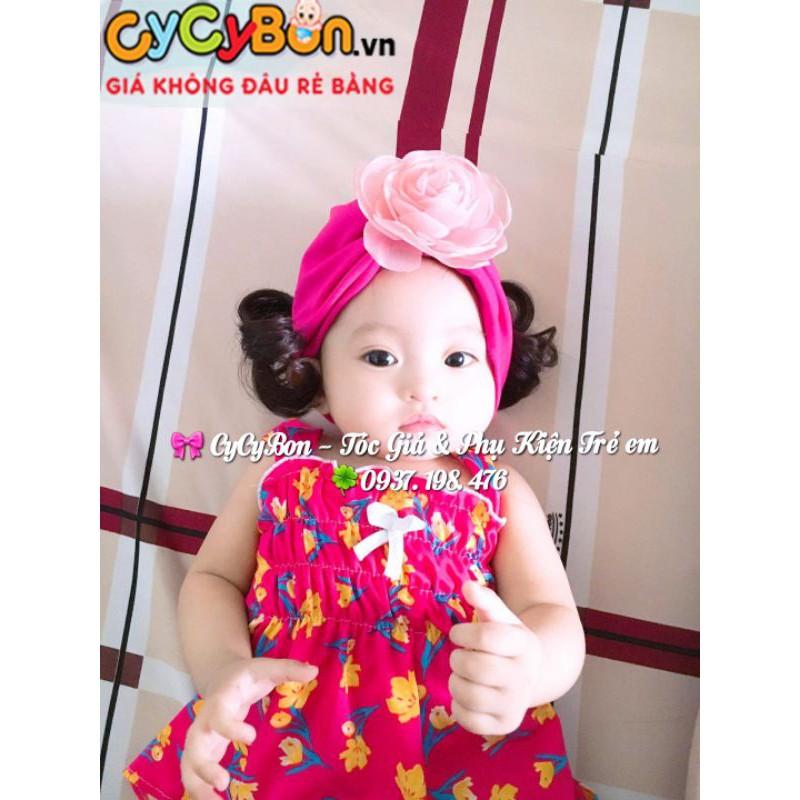 Mũ Nón Turban Tóc Giả Cho Bé Gái Màu Hồng Đậm Đính Bông Hồng Ruốc Vải Cotton Co Giãn