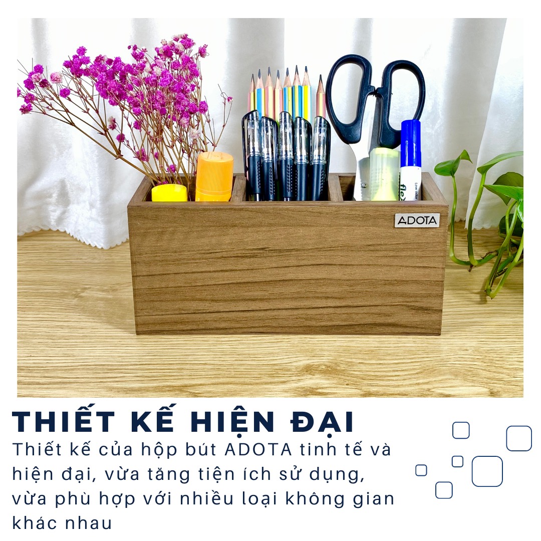 Combo 3 hộp cắm bút bằng gỗ (hộp cắm bút đơn, hộp cắm bút đôi và hộp cắm bút 3 ngăn) để bàn làm việc cao cấp phong cách sang trọng ADOTA