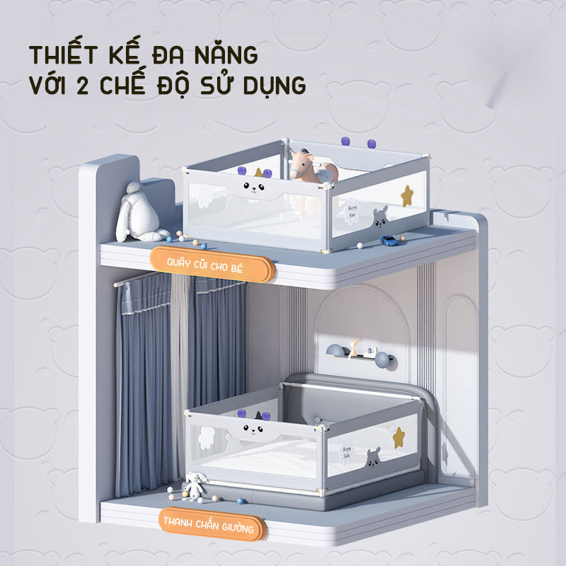 Thanh chắn giường cho bé cao cấp KidAndMom BR02 cao tới 105cm, hạ được 1 góc, thiết kế chống kẹt, chống vấp ngã, 24 nắc điều chỉnh mẫu mới nhất trượt lên xuống