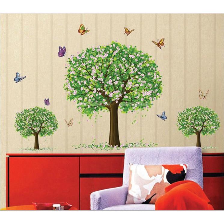 Decal trang trí tường 3 thân cây lớn có Hoa cùng Bướm xinh