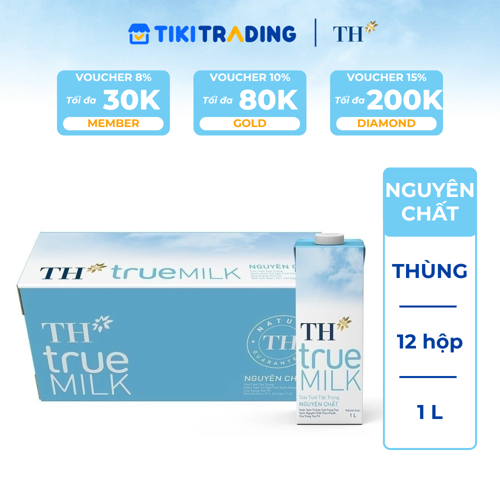 Thùng 12 hộp sữa tươi tiệt trùng TH True Milk  nguyên chất 1 Lít