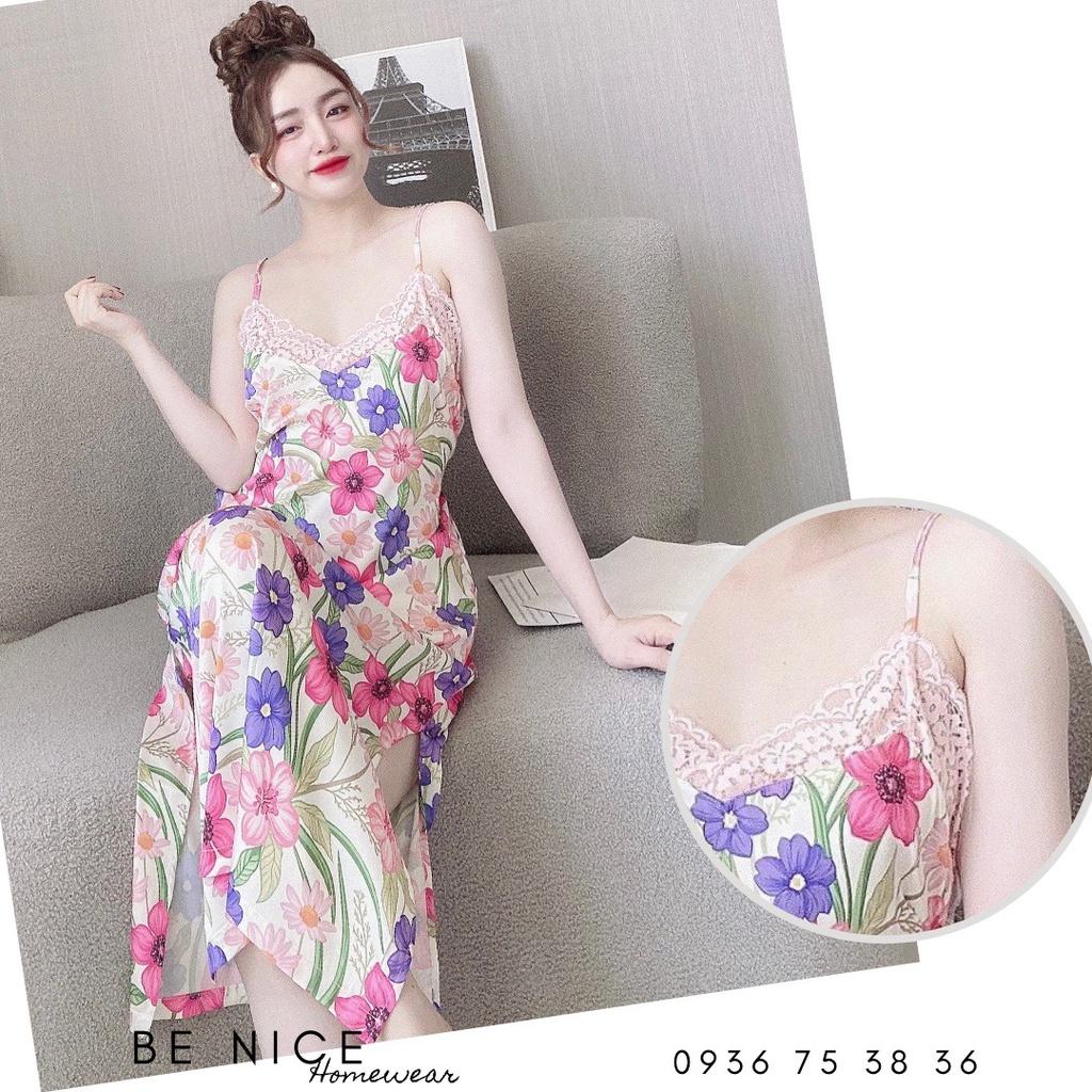 Váy lụa dây mặc nhà sexy phối ren xẻ hai bên xinh xắn Be Nice Homewear