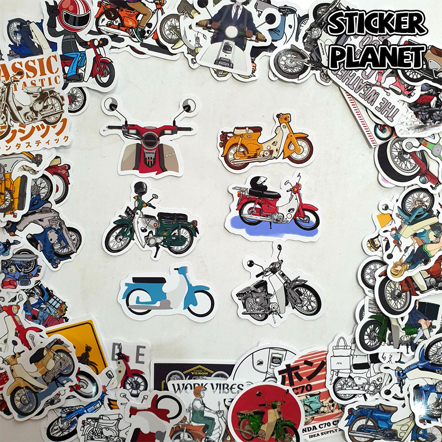 Hình ảnh Sticker hình dán xe máy super cub trang trí mũ bảo hiểm, đàn, guitar, ukulele, điện thoại laptop,macbook