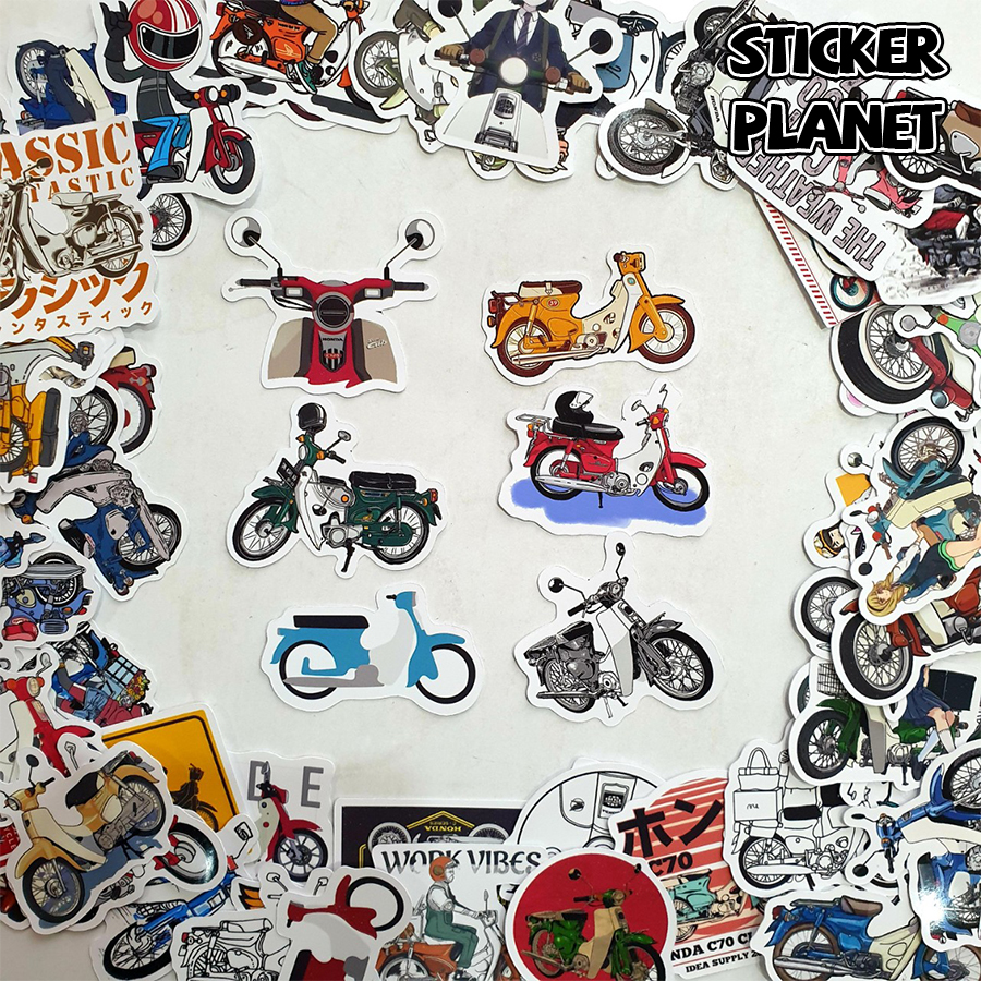 Sticker hình dán xe máy super cub trang trí mũ bảo hiểm, đàn, guitar, ukulele, điện thoại laptop,macbook