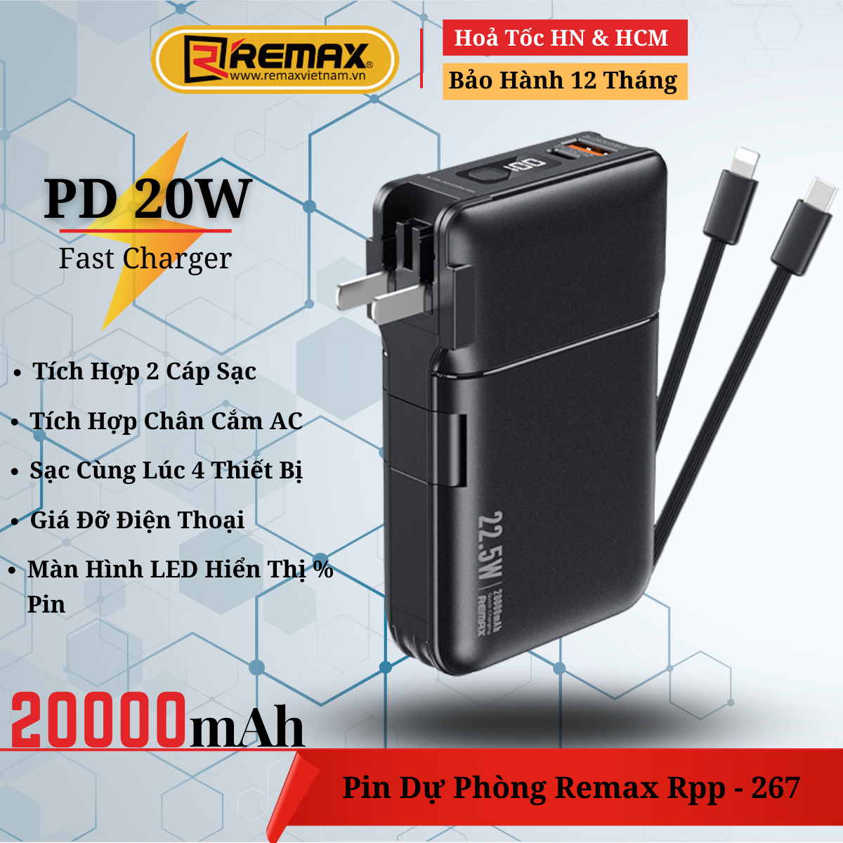 Pin sạc dự phòng 20000mAh PD100W Remax RPP-508 Sạc cho Laptop và Tablet - Hàng Chính Hãng Remax Bảo Hành 1 Đổi 1 Trong 12 Tháng