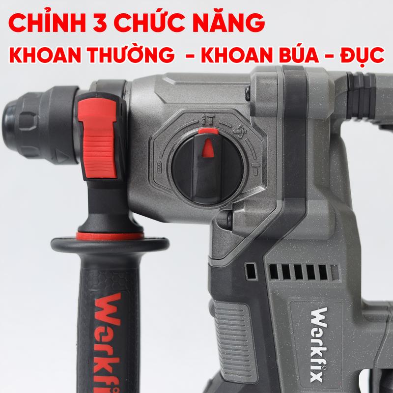 Máy Khoan Đục Bê Tông 3 Chức Năng Dùng Pin 21V Workfix - WF-RH2203PRO - MÀU XÁM - Có Anti-kickback - Chân Pin Phổ thông 2 Pin 21V/6Ah - Động Cơ Từ Lõi Đồng