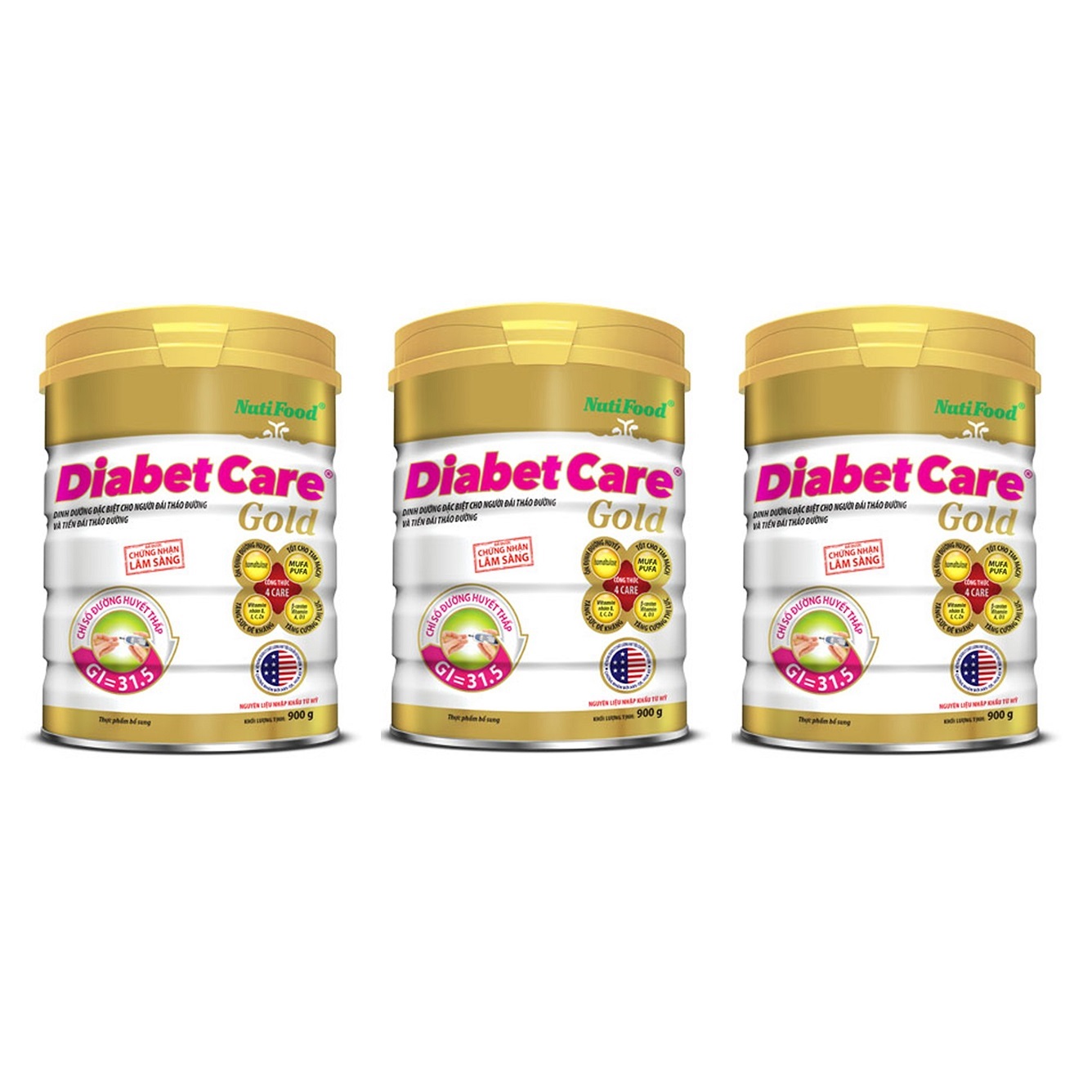 Bộ 3 Lon Sữa Bột NutiFood Diabet Care Gold Lon 900g Cho Người Tiểu Đường, Đái Tháo Đường Và Tiền Đái Tháo Đường