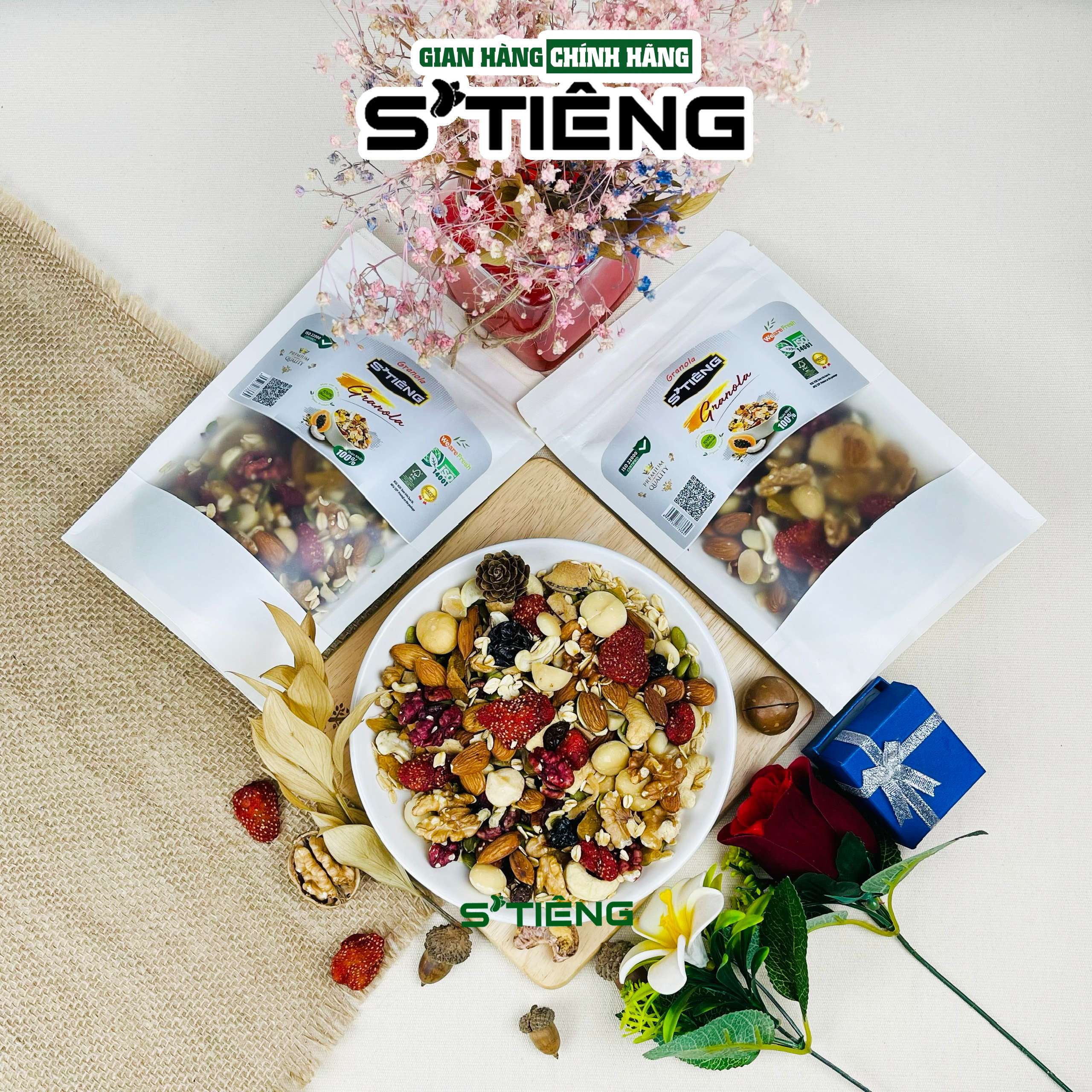 Granola Siêu Hạt &amp; Quả Sấy STIENG, Hạt Dinh Dưỡng Ngủ Cốc Ăn Kiêng Giảm Cân, Hạt Óc Chó, Hạt Macca, Hạt Điều, Hạt Hạnh Nhân, Hạt Bí. Nho Khô