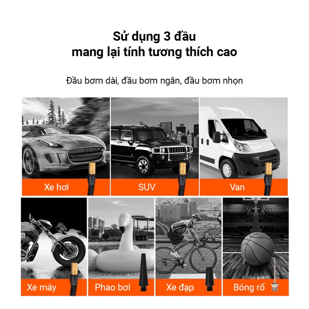 Máy Bơm Lốp Xe Ôtô Tự Động Công Suất Lớn Trên Phút Động Cơ Mạnh Mẽ Và Bền Bỉ Sử Dụng 3 Đầu Tương Thích Các Loại Xe