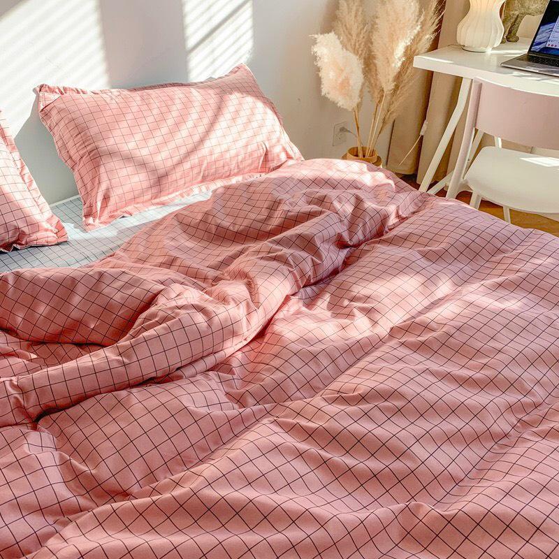 Bộ chăn ga gối Cotton poly M2T bedding, vỏ chăn mền, drap ga giường và 2 vỏ gối nằm họa tiết Caro hồng li ti