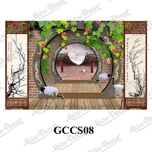 Tranh dán tường 3D cửa sổ giả cổ in decal PP