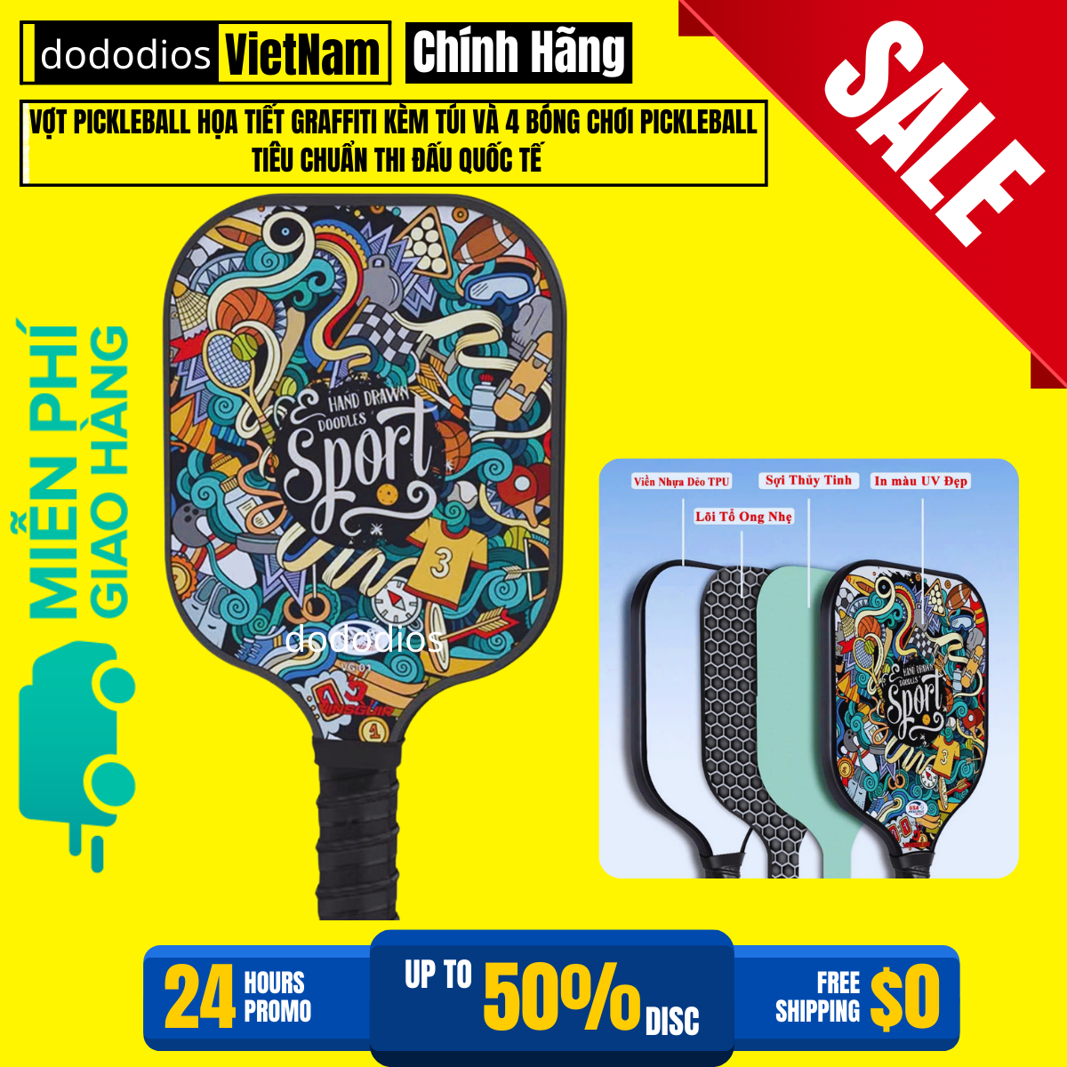 1 Chiếc Vợt Pickleball Họa Tiết Graffiti Pickleball Tiêu Chuẩn Thi Đấu Quốc Tế - Chính Hãng dododios - Graffiti