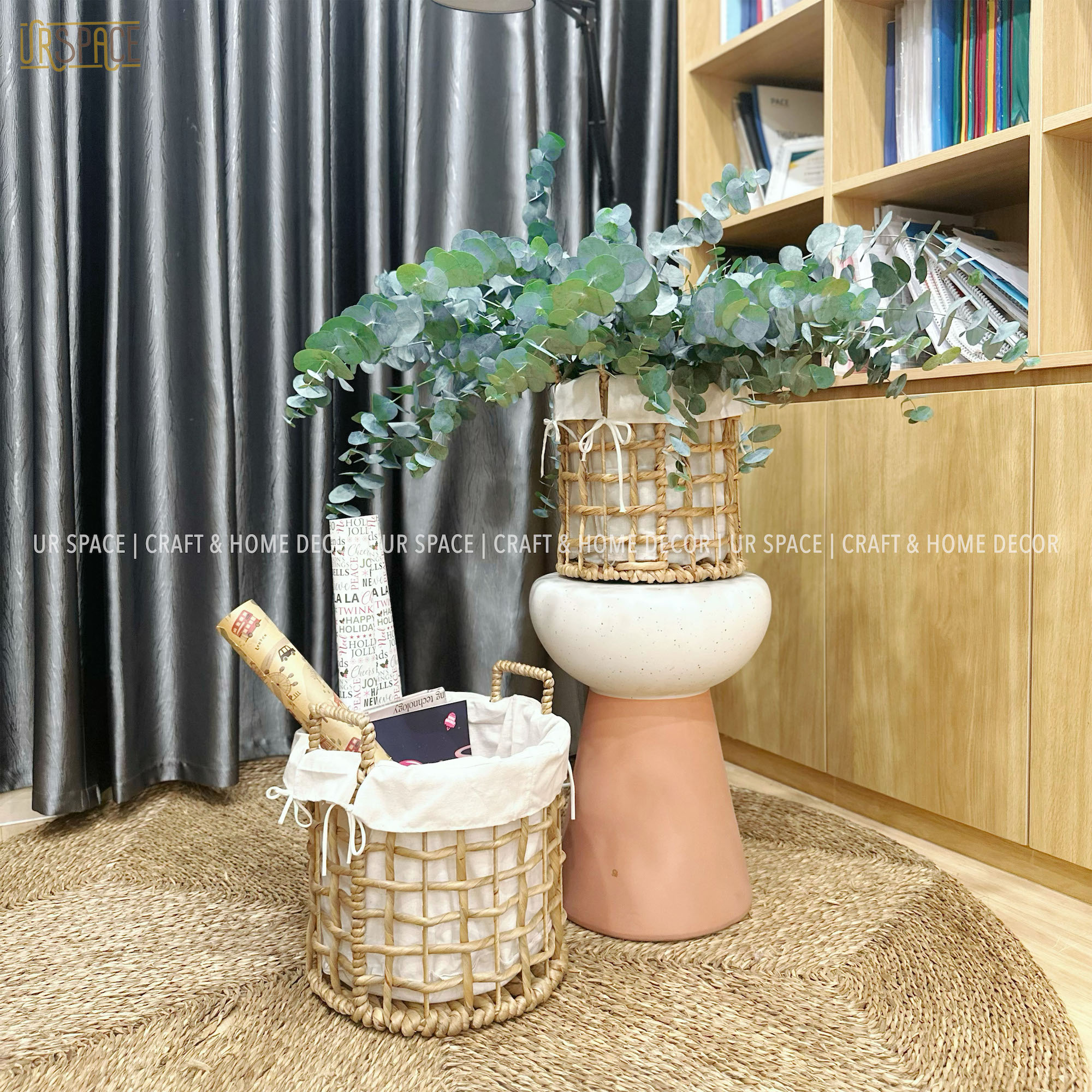 Giỏ lục bình URSPACE trồng cây decor trang trí, đựng quần áo giặt hình tròn có quai cầm / ROUND HYACINTH BASKET