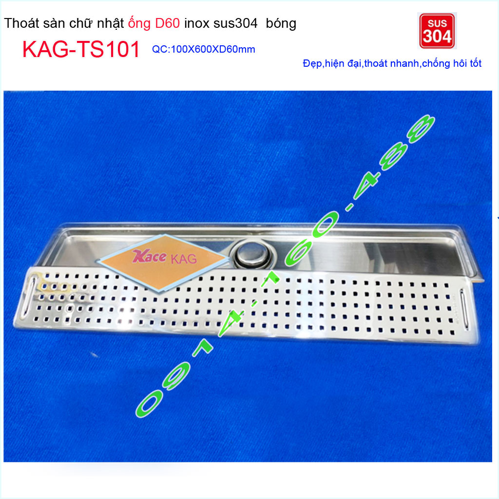 Phễu thoát sàn 10x60 cm KAG-TS101 , thoát sàn nhà tắm hình chữ nhật Inox SUS304 mặt caro cao cấp thoát nhanh chống hôi chặn tóc tốt