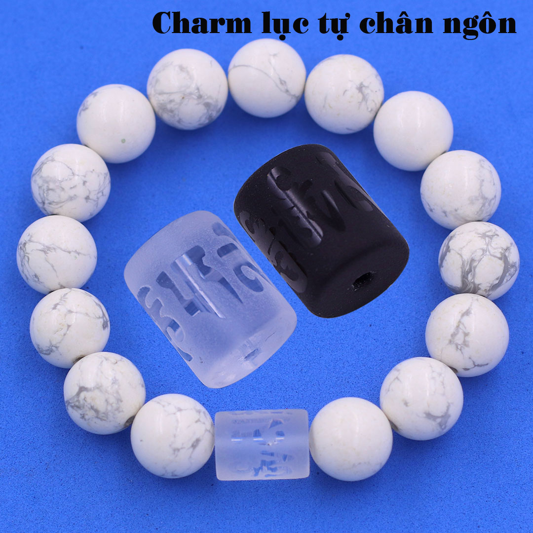 Vòng chuỗi đeo tay đá howlite charm lục tự Đại minh chân ngôn,10 ly, Om Mani Padme Hūm, Chân ngôn Lục tự